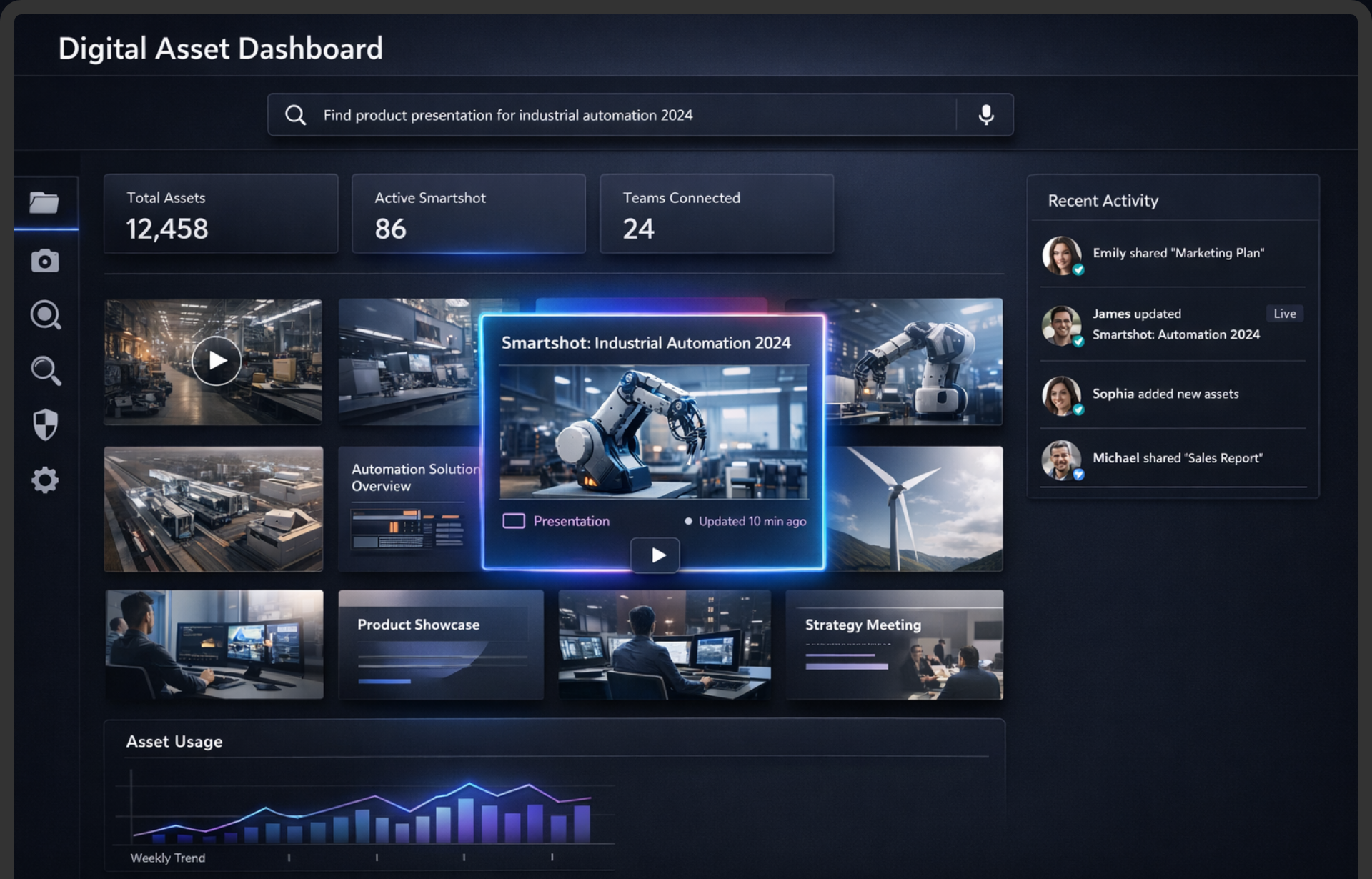 APP DAM intelligente – Dashboard Digital Asset Management con Smartshot e AI Dashboard di APP DAM intelligente con ricerca AI, Smartshot e gestione contenuti digitali in interfaccia enterprise dark mode