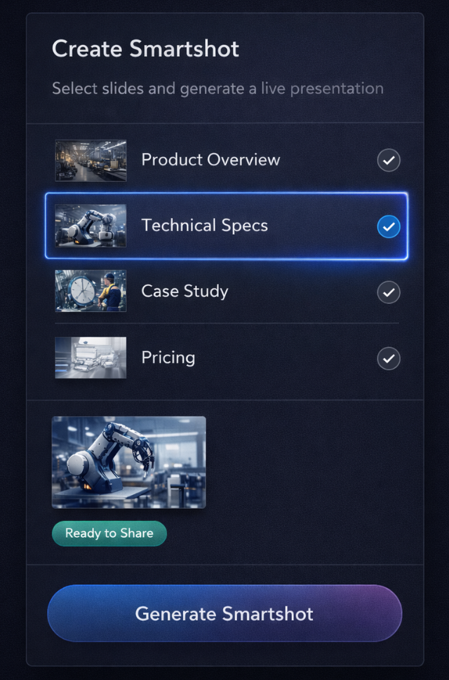 Smartshot aziendali – Creazione presentazioni dinamiche in APP DAM Interfaccia Smartshot in APP DAM con selezione slide, anteprima live e pulsante per generare presentazione condivisibile